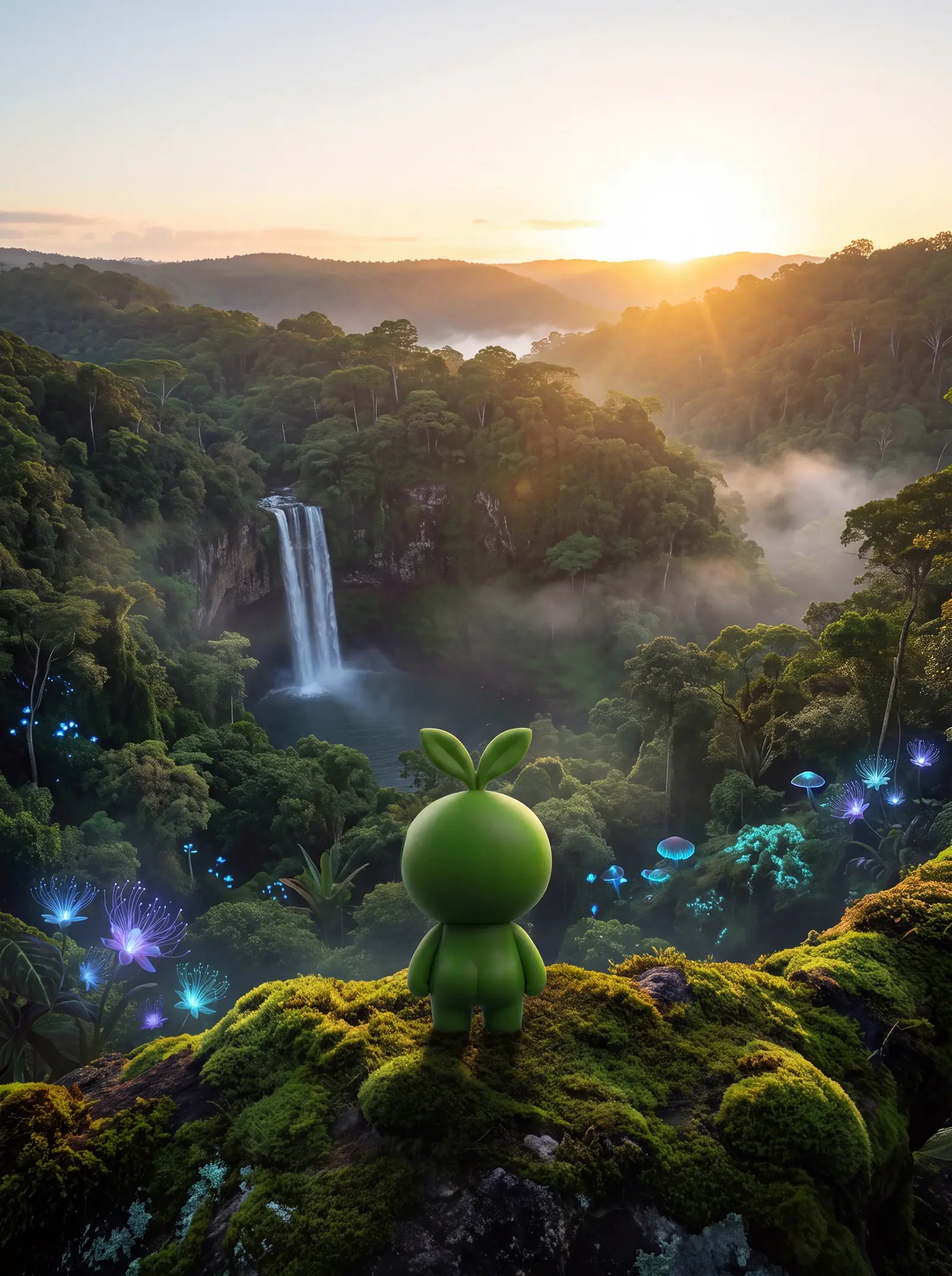 A small green Gobbler with a sprout on its head stands on a mossy ridge at sunrise, looking out over a misty rainforest valley and a waterfall.