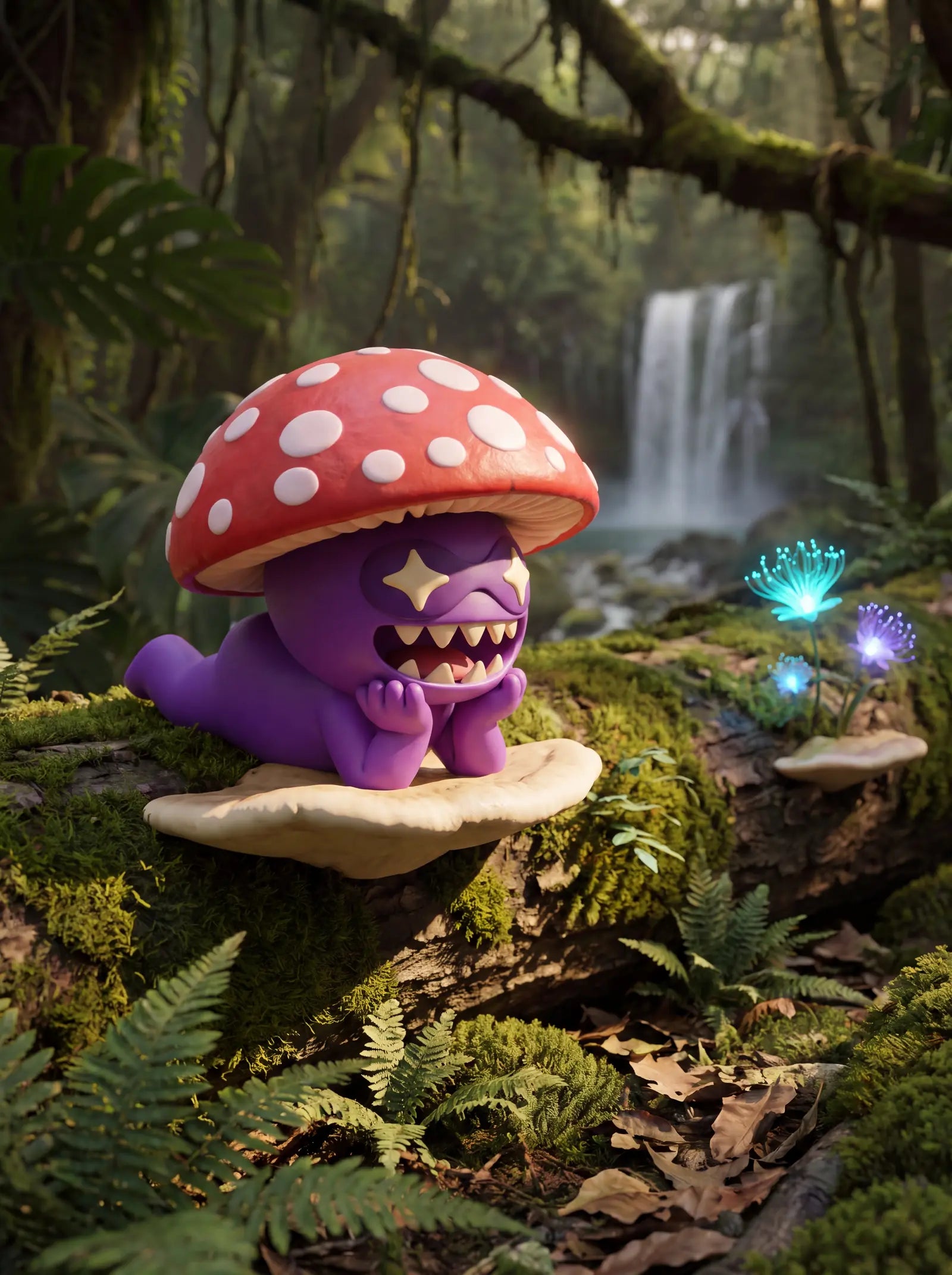 The Mushroom Gobbler, a purple creature wearing a red and white spotted mushroom cap, lounges on a shelf fungus with its chin in its hand.