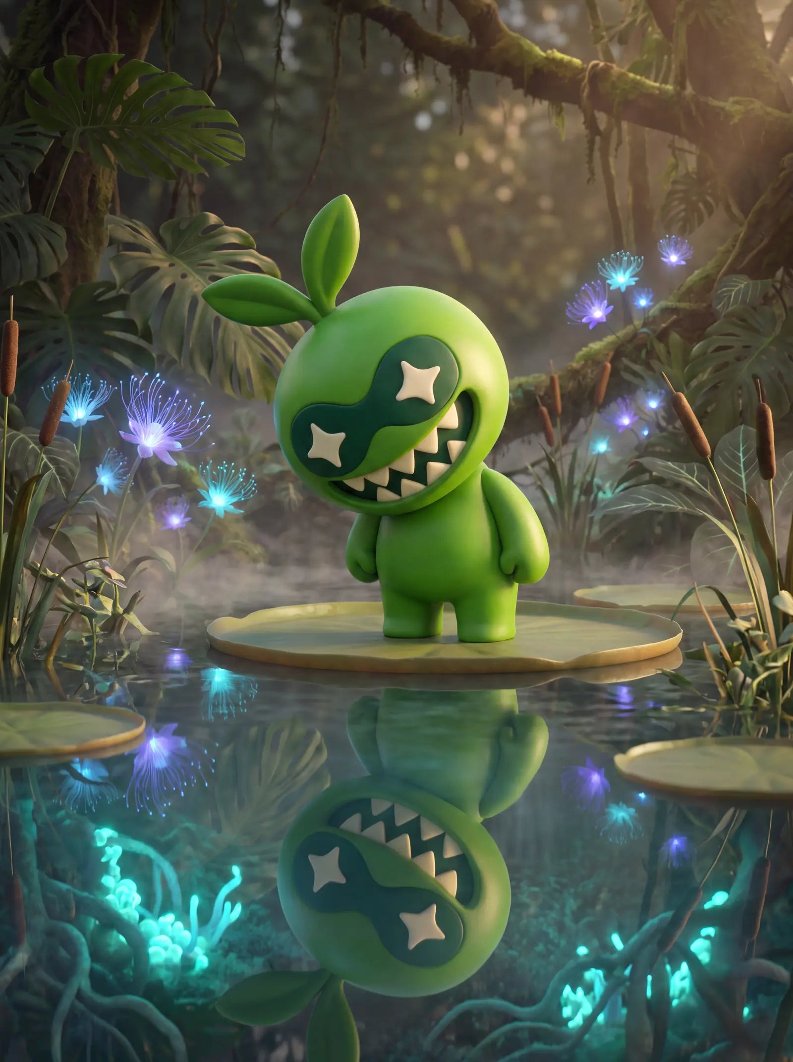 The Greens Gobbler stands on a lily pad in a glowing marsh, grinning at its own reflection.