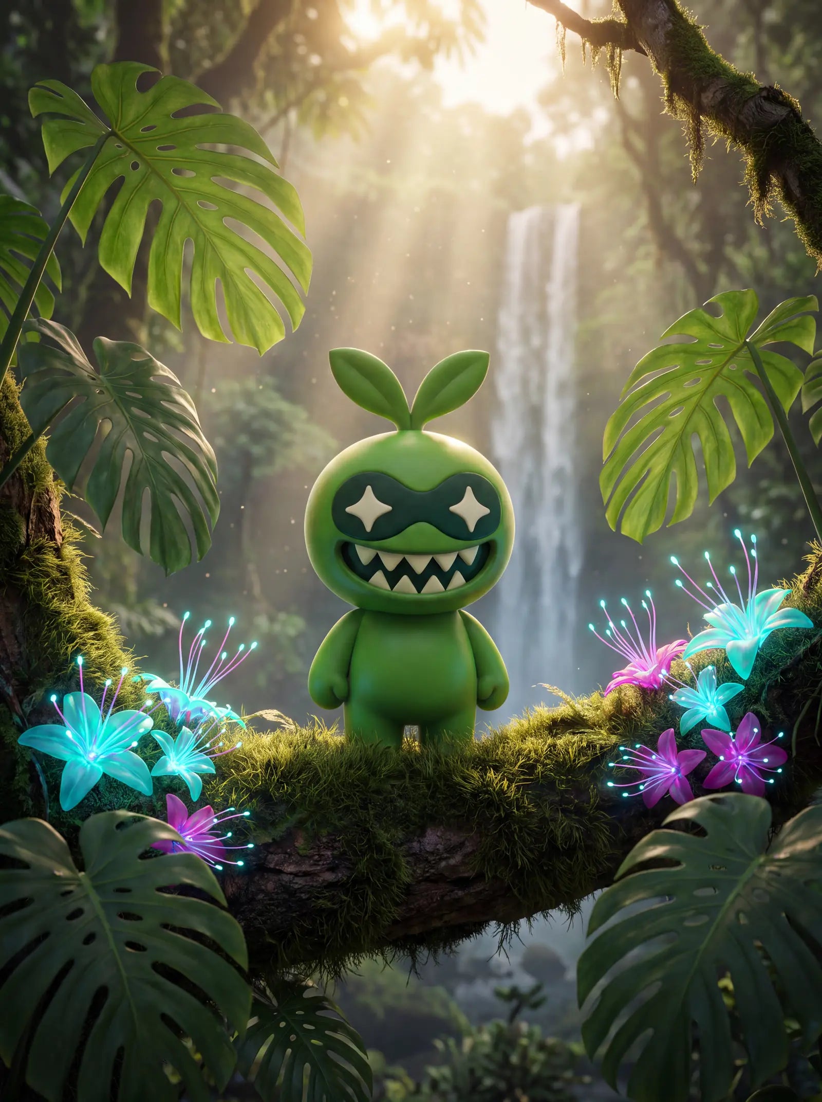 The Greens Gobbler on a mossy branch between glowing flowers