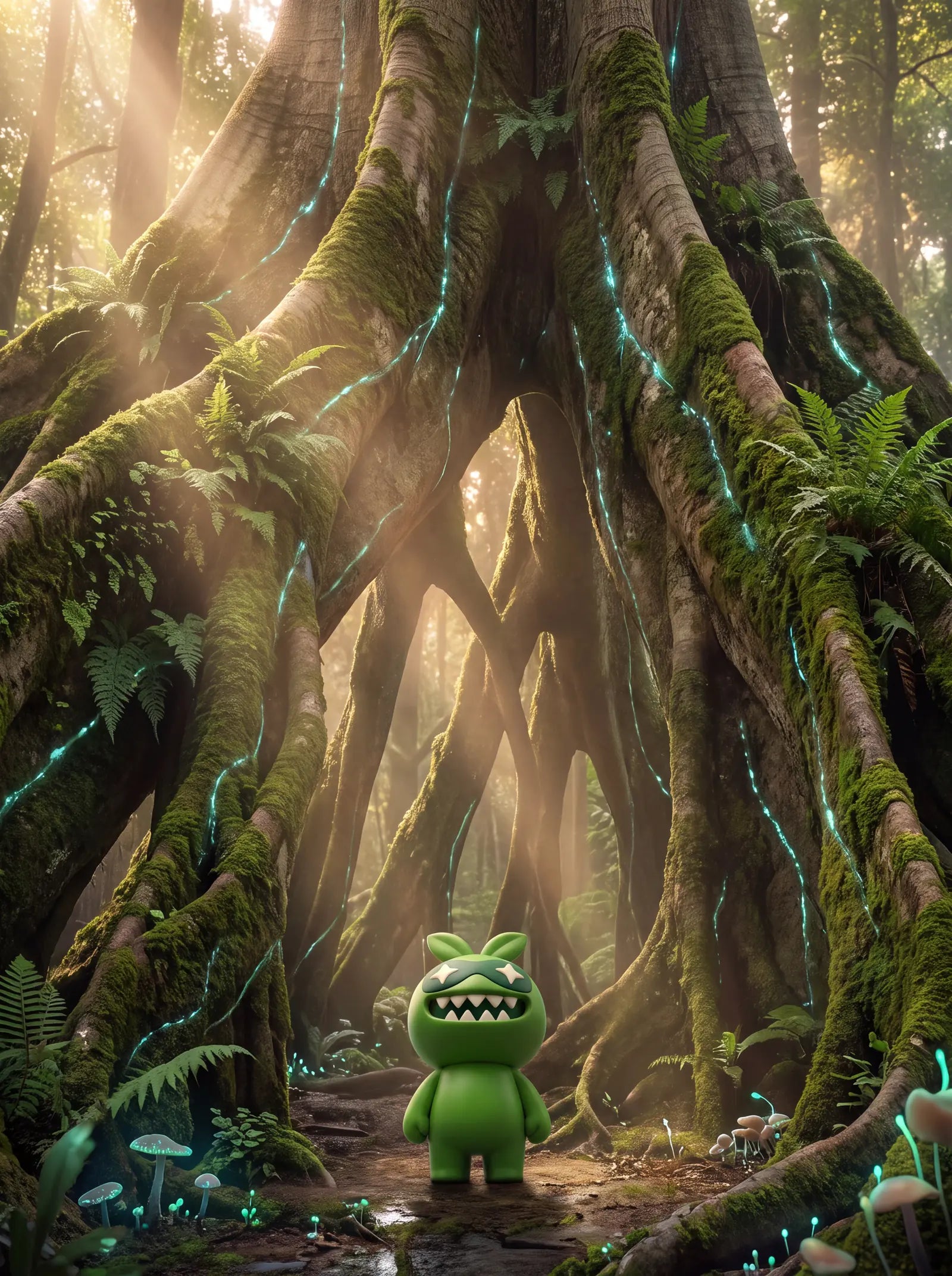 A tiny Greens Gobbler stands at the foot of an enormous tree, its roots lit by shafts of sunlight.