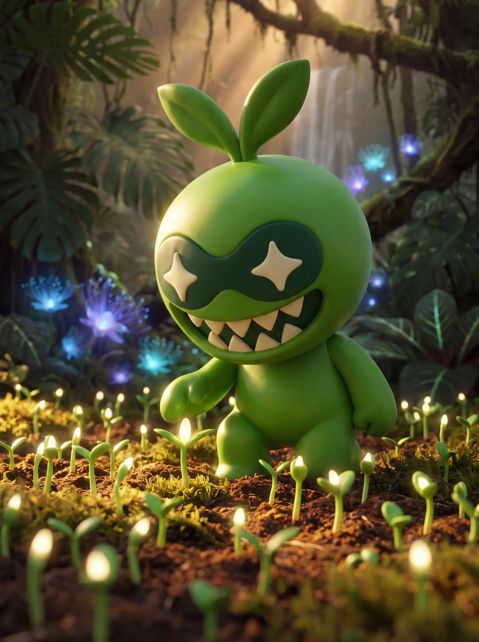 The Greens Gobbler, a round green creature with star-shaped eyes and a big toothy grin, crouches among tiny glowing sprouts.